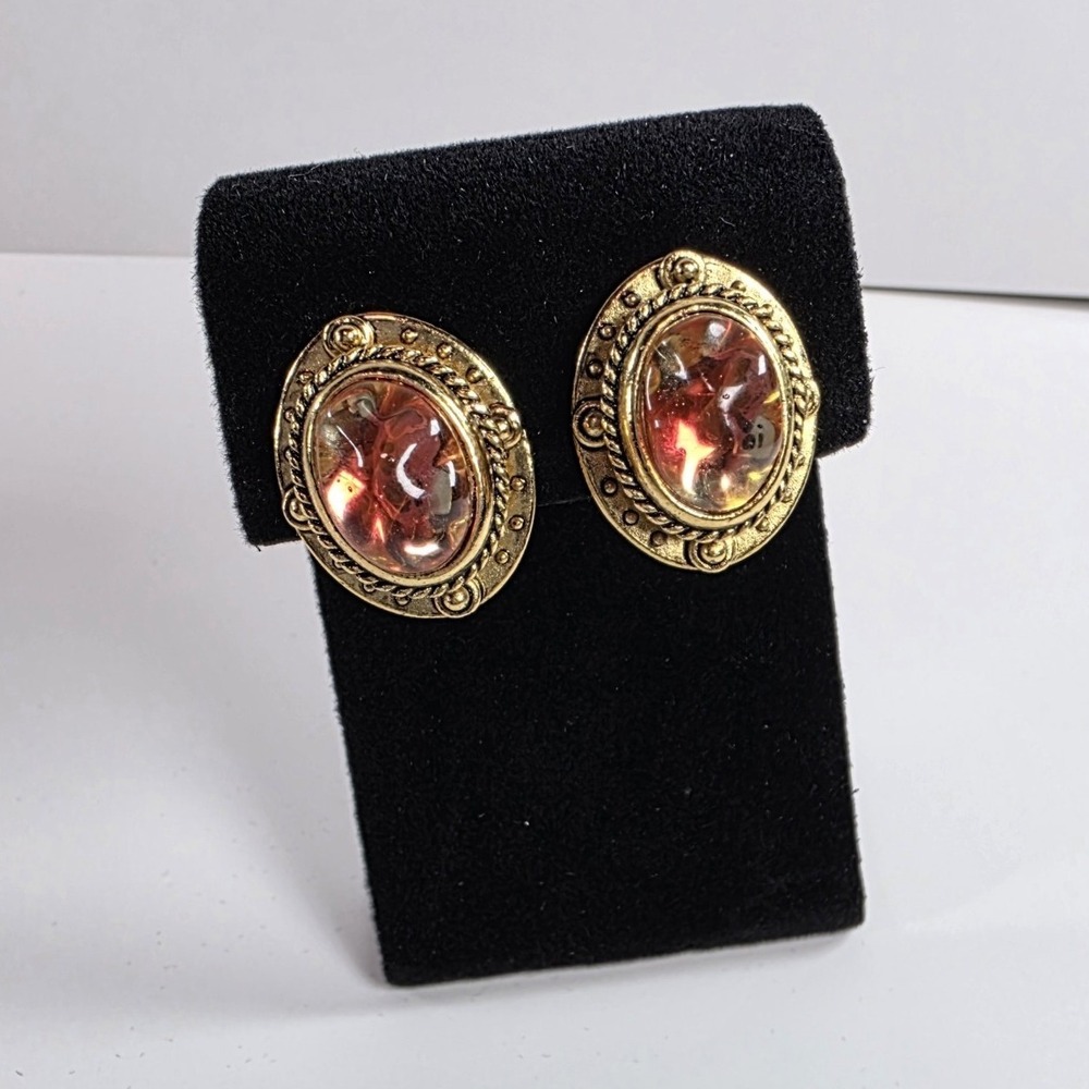 Doncaster Signed Gold Tone Clip-On Stud Earrings Oval Red Glass Cabochon